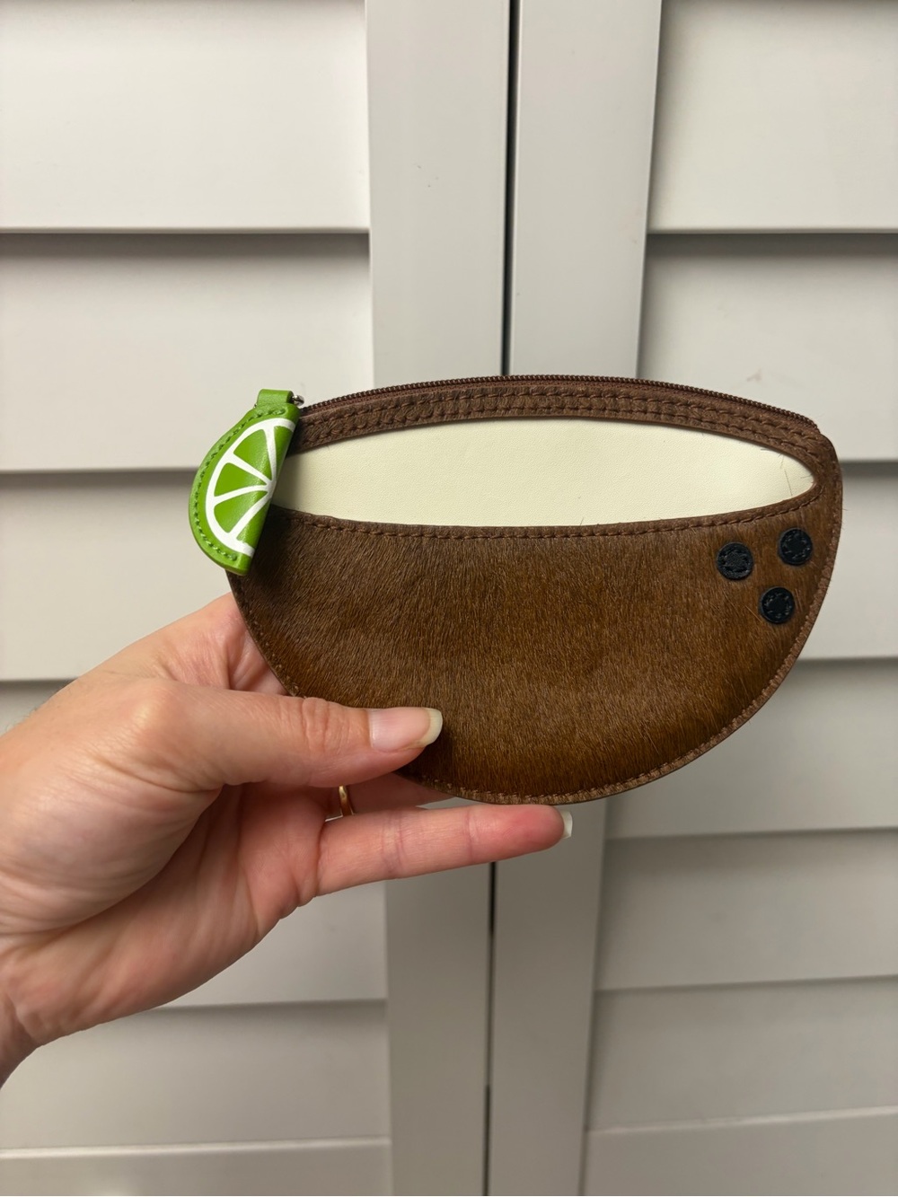kate spade Brown and Cream Half-Moon Coin Pouch with Lime Zip Pull